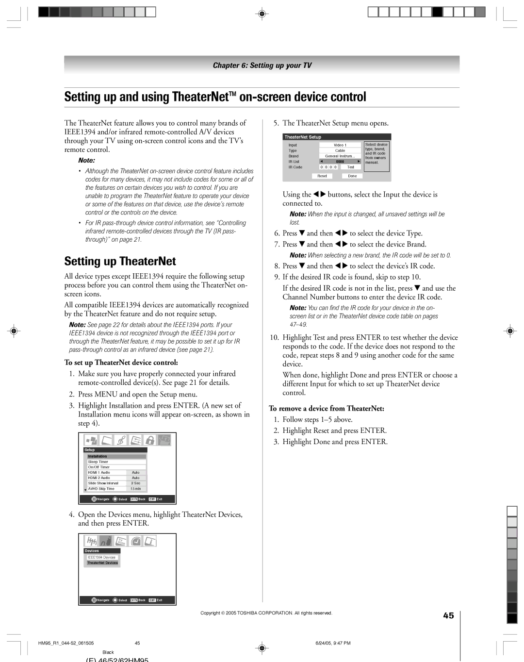 Toshiba 62HM95, 52HM95 owner manual Setting up and using TheaterNet on-screen device control, Setting up TheaterNet 