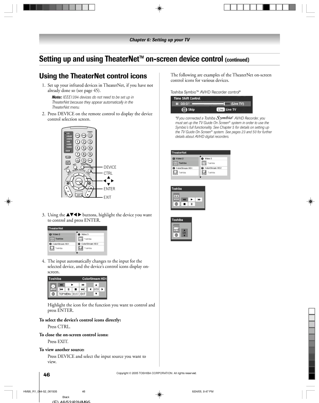 Toshiba 52HM95 Using the TheaterNet control icons, To select the device’s control icons directly, To view another source 