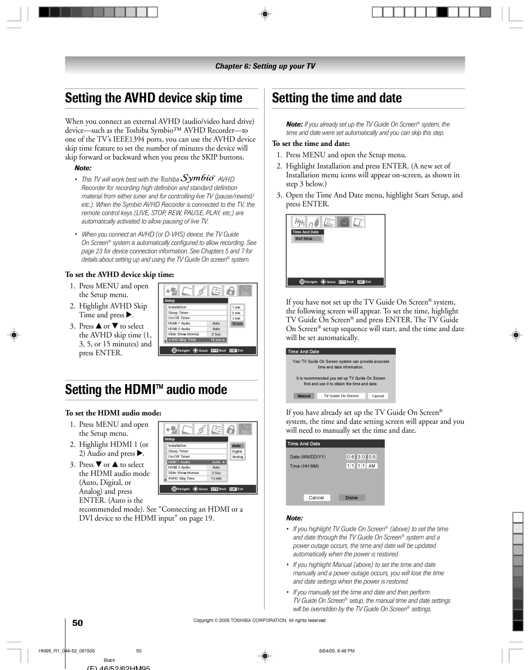 Toshiba 52HM95, 62HM95 owner manual Setting the time and date, Setting the Hdmi audio mode, To set the Avhd device skip time 