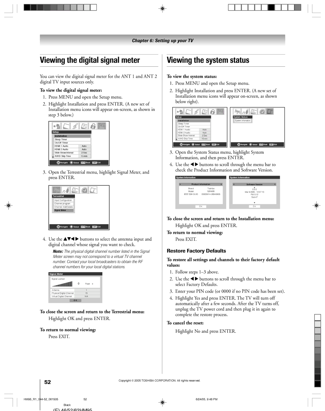 Toshiba 52HM95, 62HM95 owner manual Viewing the digital signal meter, Viewing the system status 