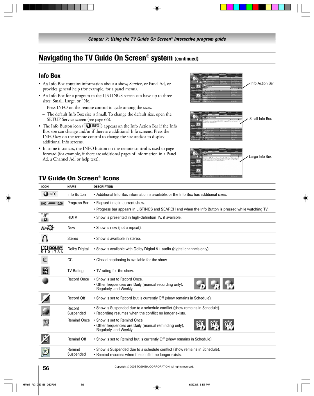 Toshiba 52HM95, 62HM95 Info Box, TV Guide On Screen Icons, ¥ Show is presented in high-definition TV, if available 