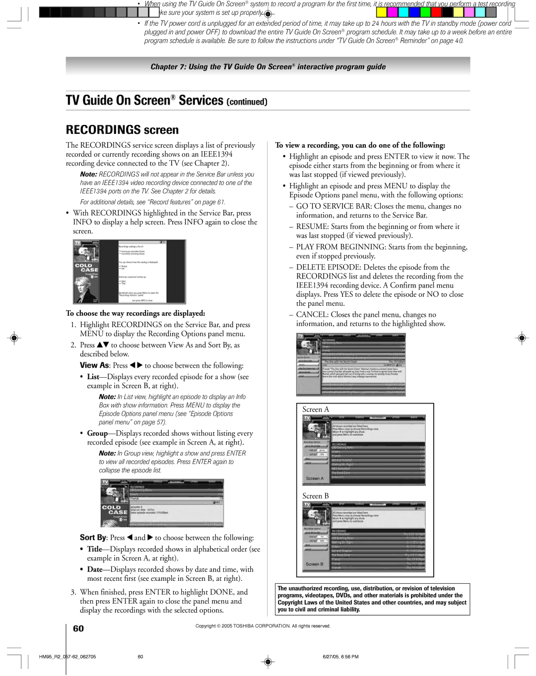 Toshiba 52HM95, 62HM95 owner manual Recordings screen, To choose the way recordings are displayed, Screen a Screen B 