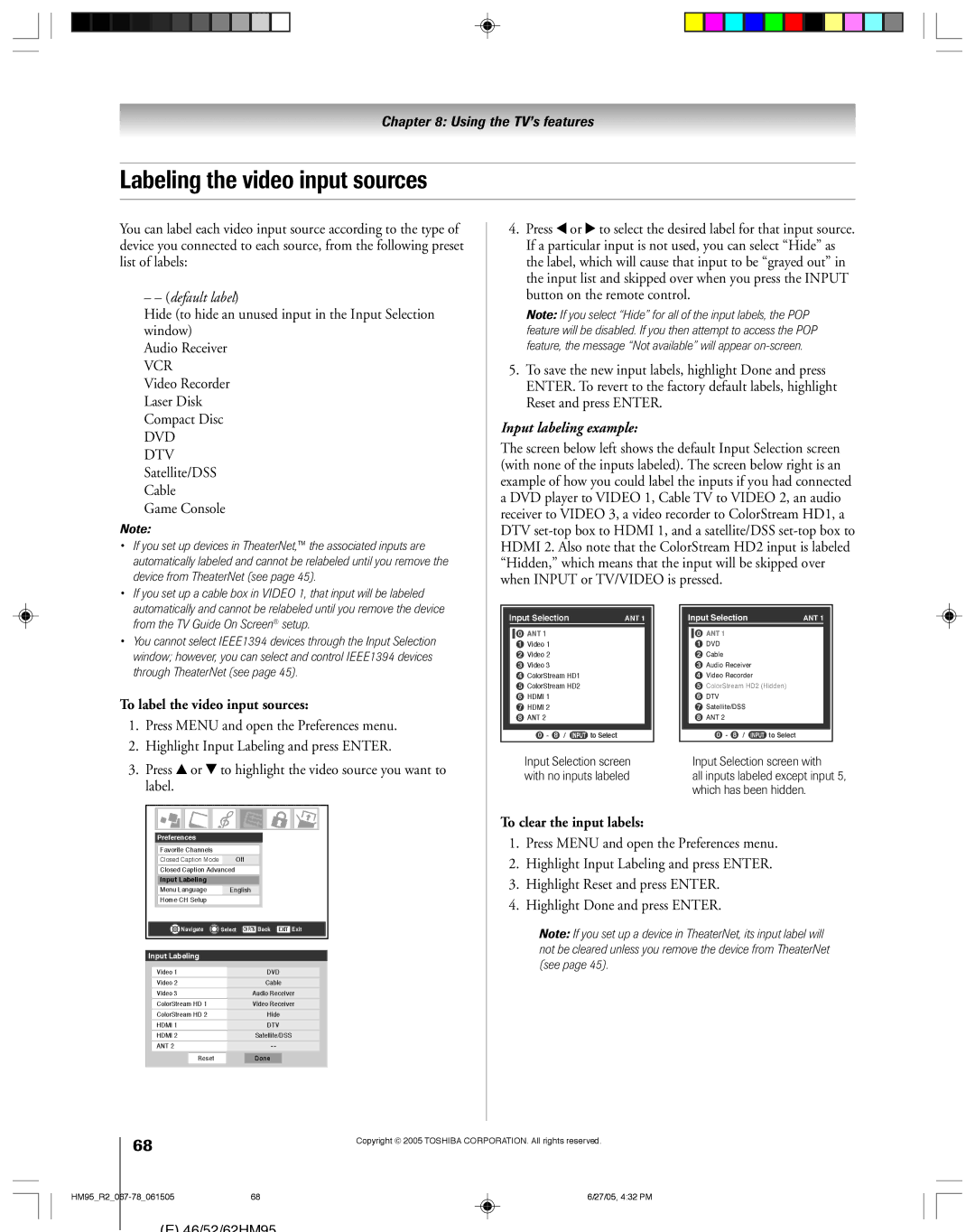 Toshiba 52HM95 Labeling the video input sources, DTV Satellite/DSS Cable Game Console, To label the video input sources 