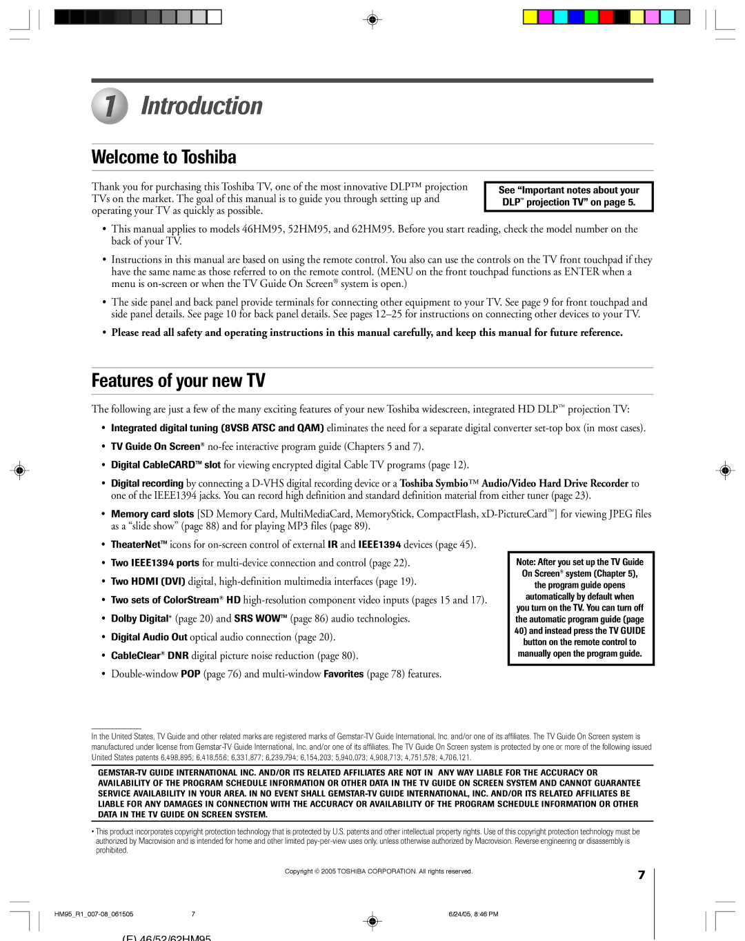 Toshiba 62HM95, 52HM95 owner manual Introduction, Welcome to Toshiba, Features of your new TV 