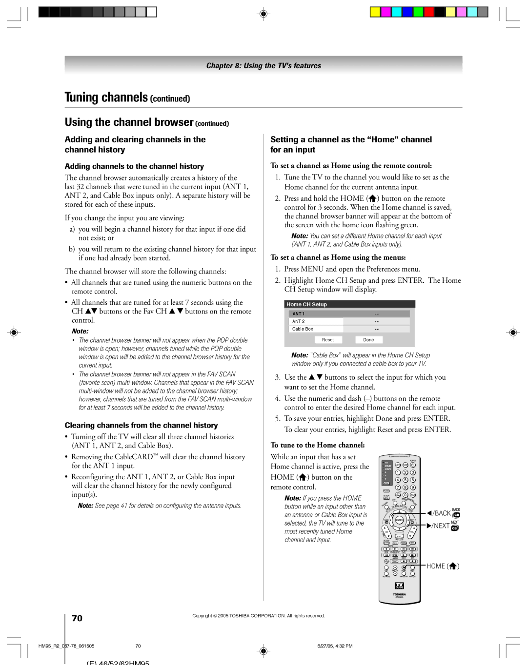 Toshiba 52HM95, 62HM95 To set a channel as Home using the remote control, To set a channel as Home using the menus 