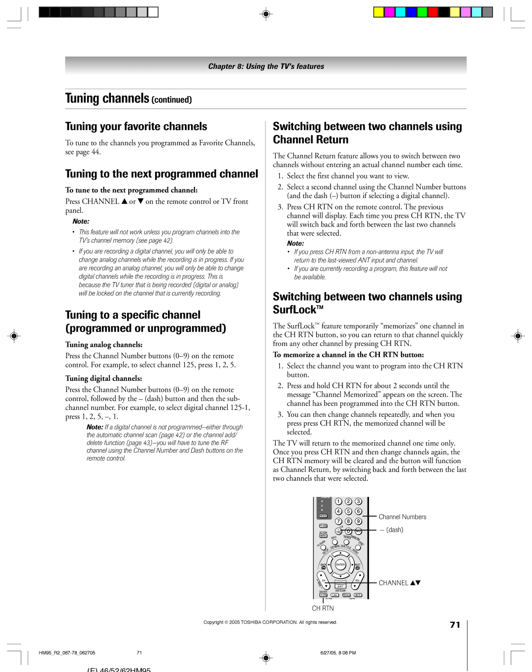 Toshiba 62HM95, 52HM95 owner manual Tuning your favorite channels, Tuning to the next programmed channel 