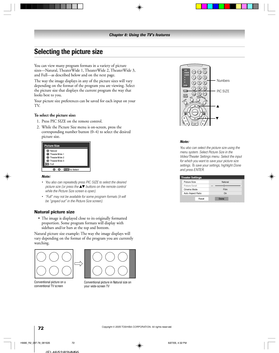 Toshiba 52HM95, 62HM95 owner manual Selecting the picture size, To select the picture size 