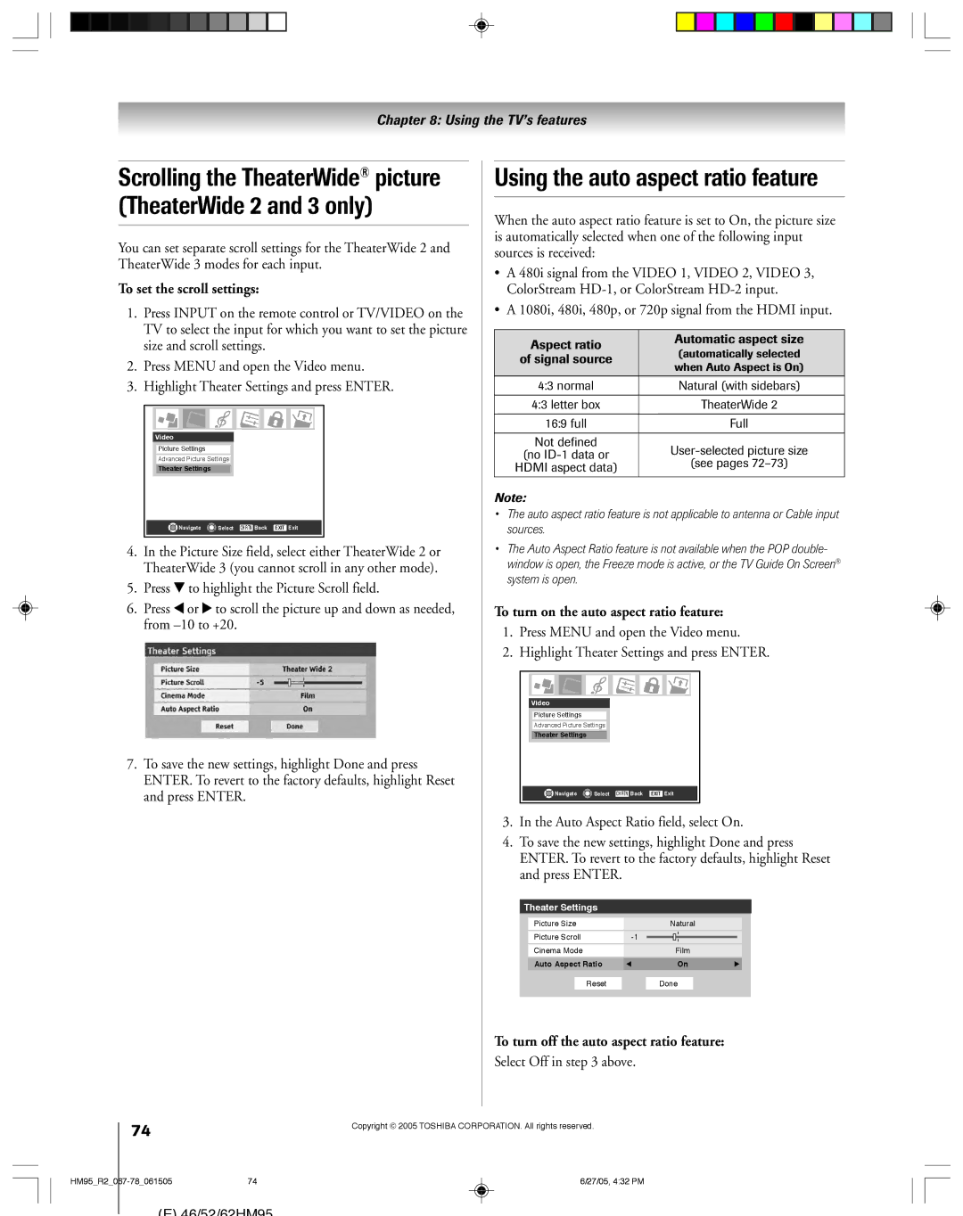 Toshiba 52HM95, 62HM95 Using the auto aspect ratio feature, Scrolling the TheaterWide picture TheaterWide 2 and 3 only 