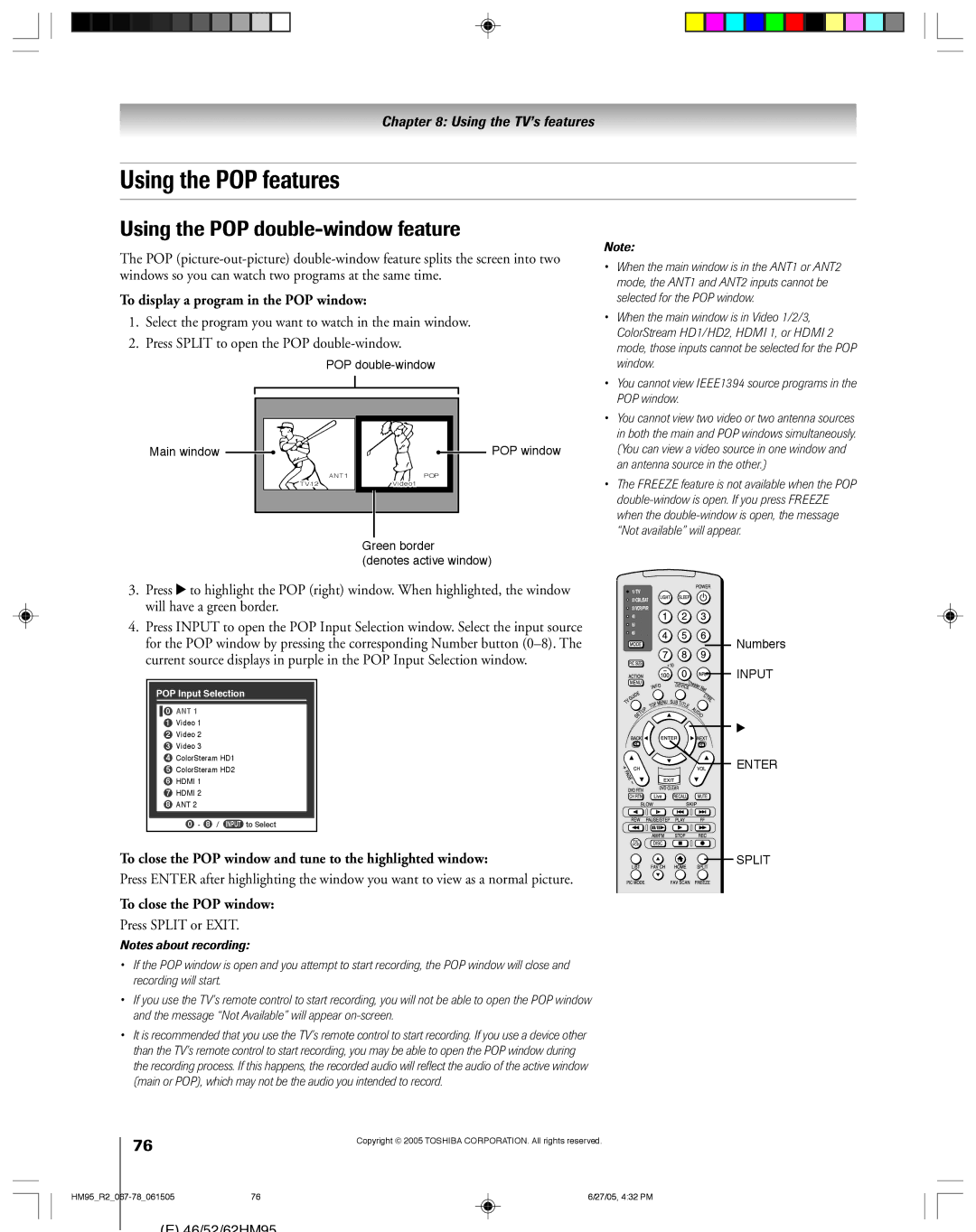 Toshiba 52HM95, 62HM95 Using the POP features, Using the POP double-window feature, To display a program in the POP window 