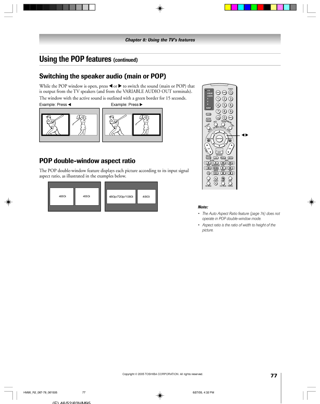 Toshiba 62HM95, 52HM95 owner manual Switching the speaker audio main or POP, POP double-window aspect ratio 