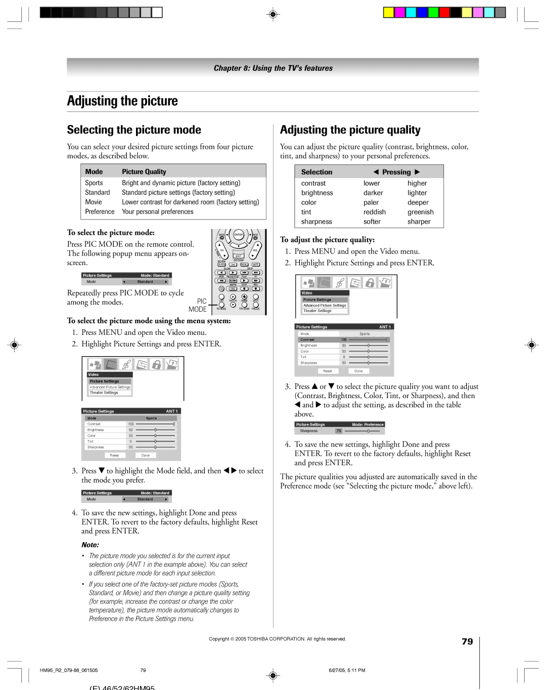 Toshiba 62HM95, 52HM95 owner manual Selecting the picture mode, Adjusting the picture quality 