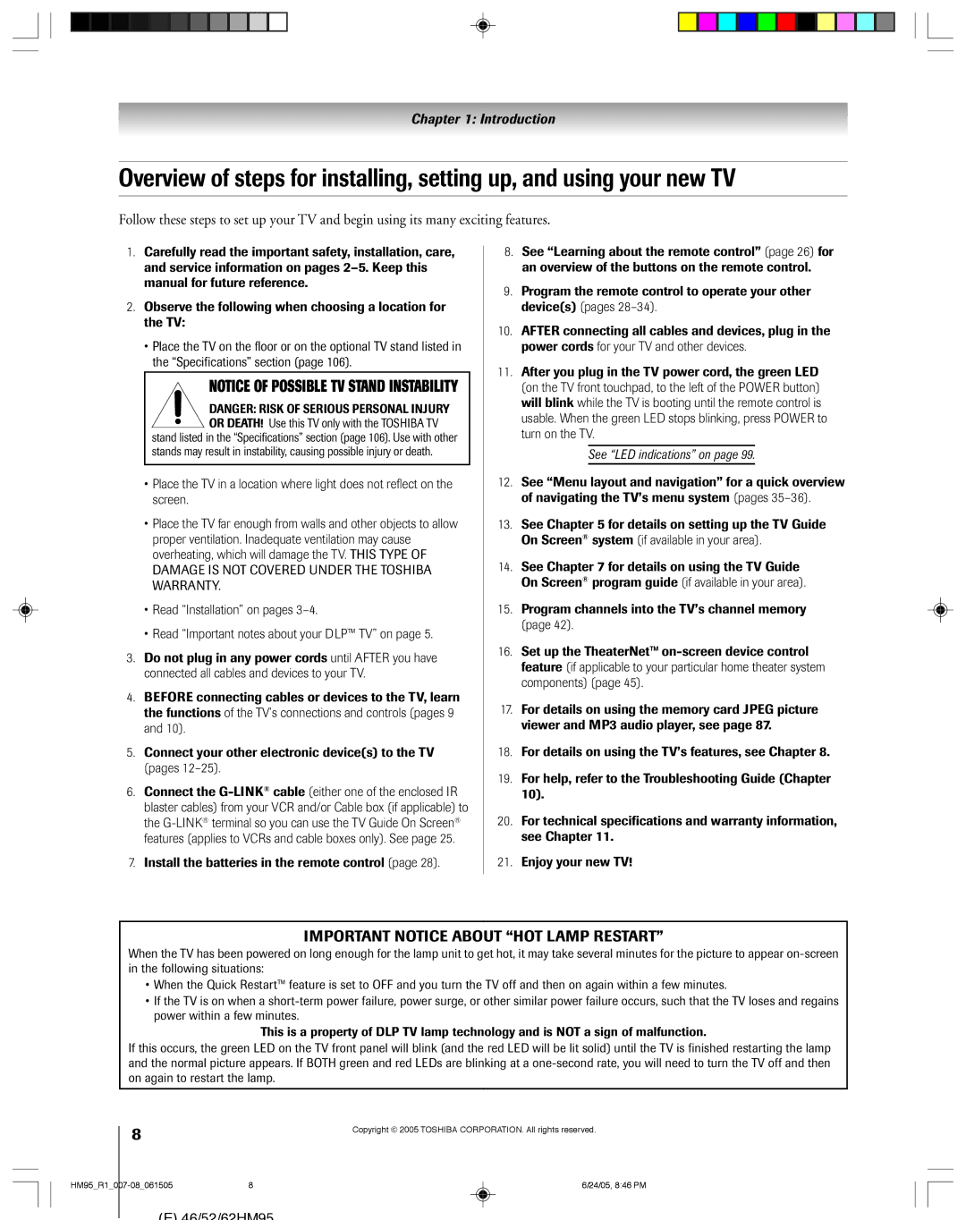 Toshiba 52HM95, 62HM95 owner manual See LED indications on, On again to restart the lamp 