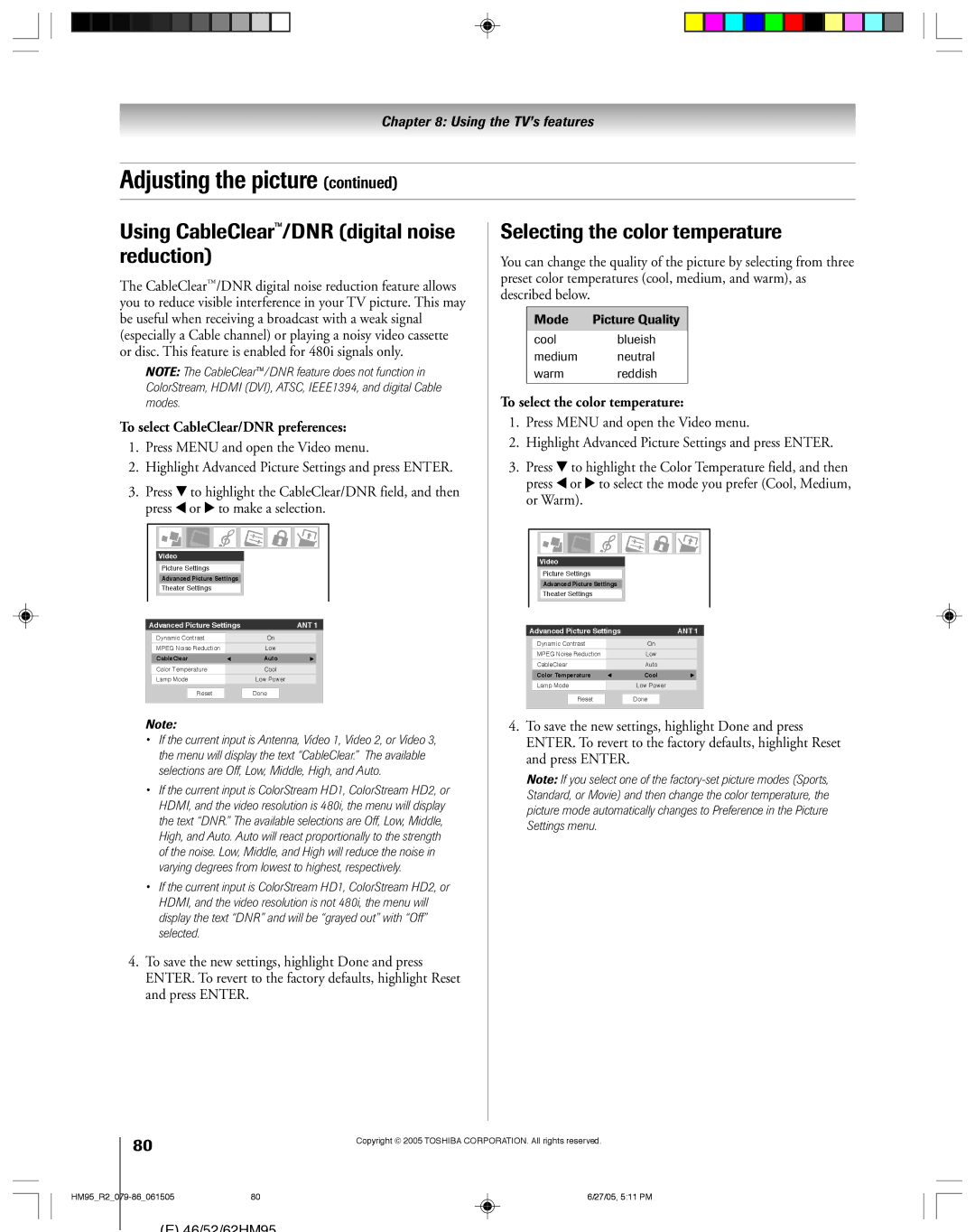 Toshiba 52HM95, 62HM95 owner manual Using CableClear/DNR digital noise reduction, Selecting the color temperature 