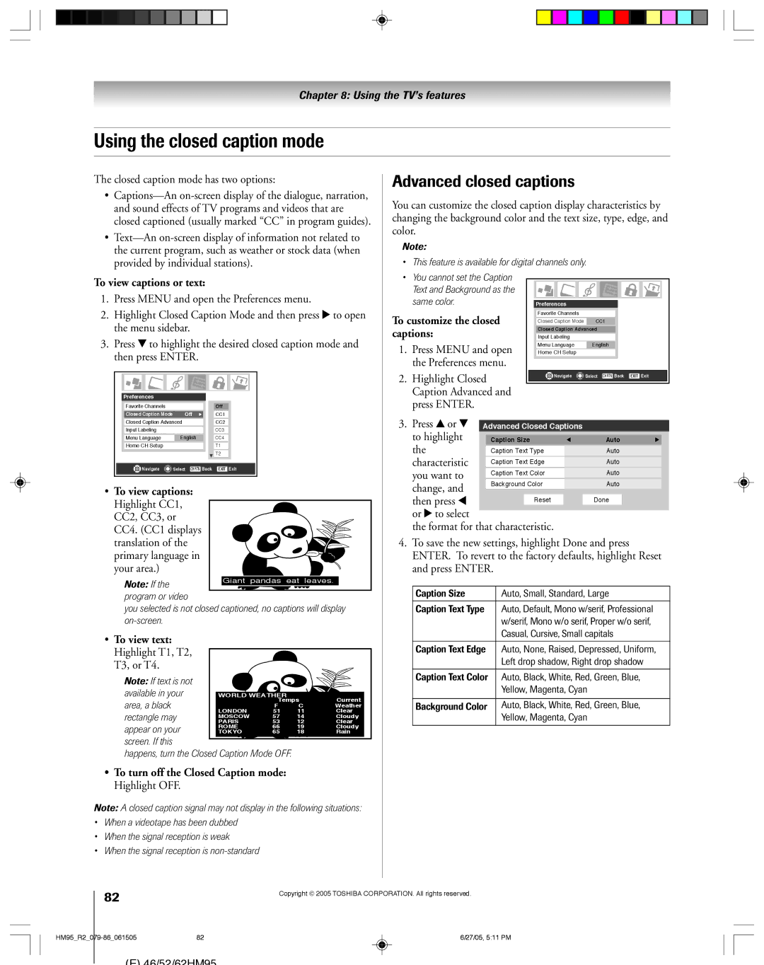 Toshiba 52HM95, 62HM95 owner manual Using the closed caption mode, Advanced closed captions, To view captions or text 