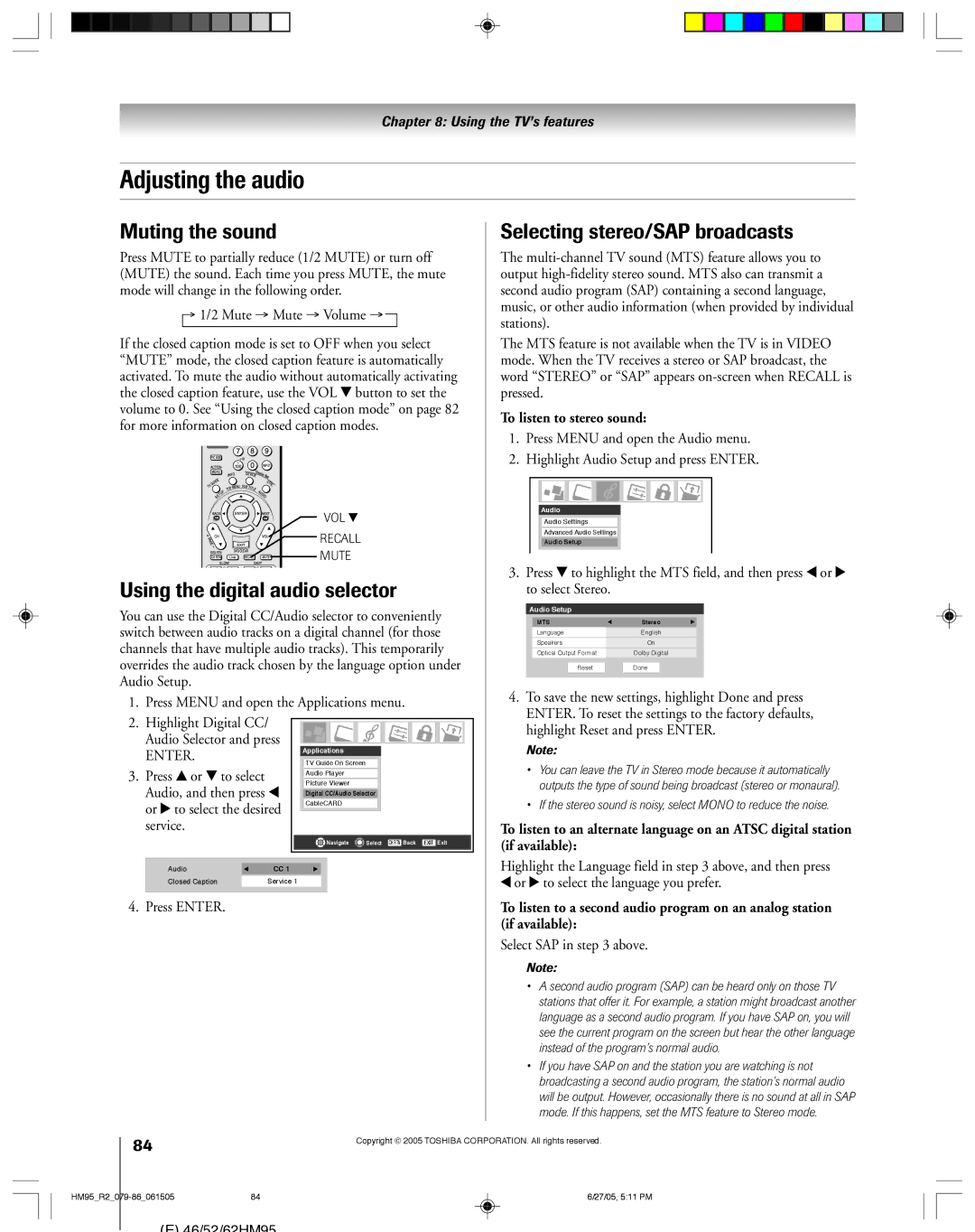 Toshiba 52HM95 Adjusting the audio, Muting the sound, Using the digital audio selector, Selecting stereo/SAP broadcasts 