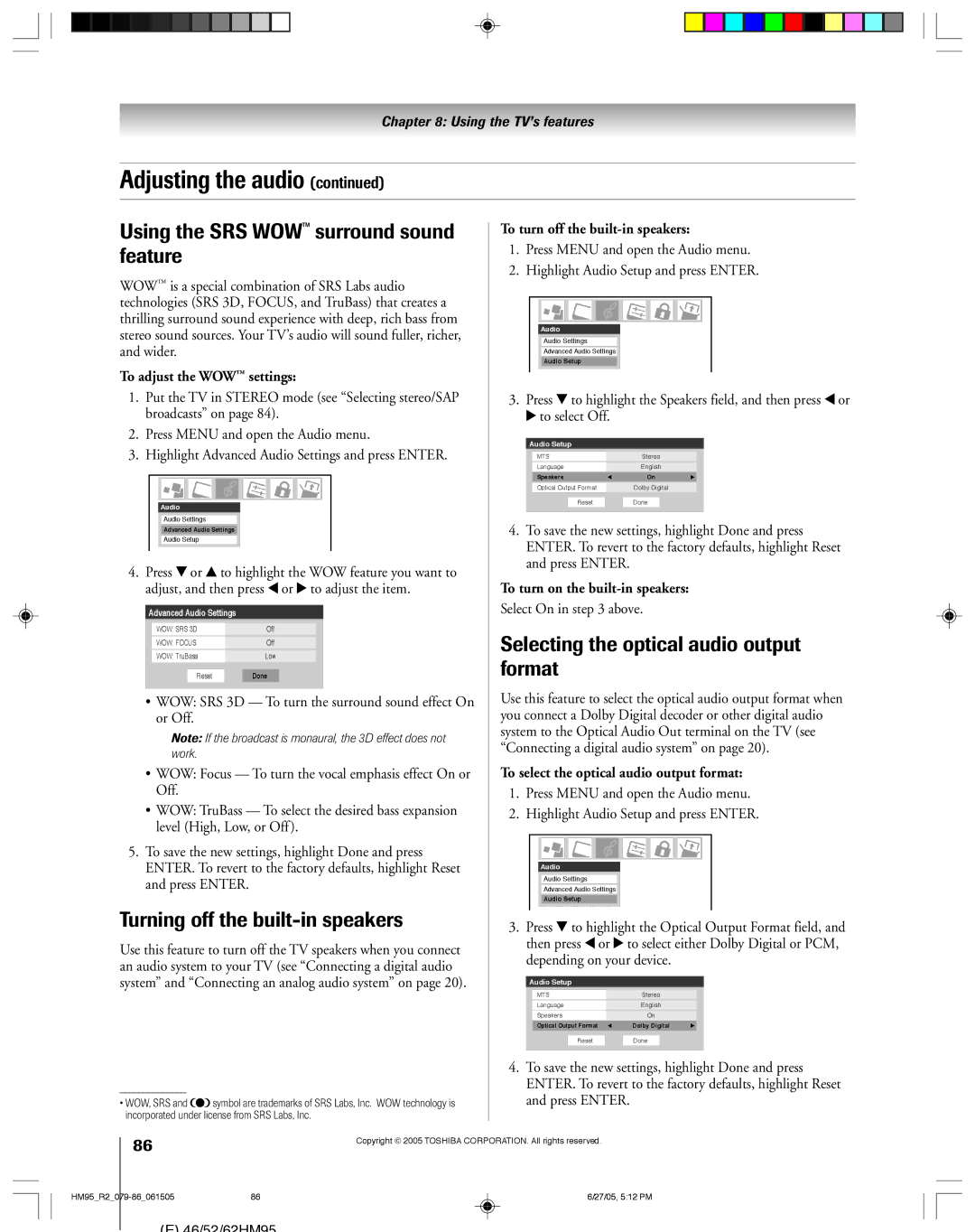 Toshiba 52HM95, 62HM95 owner manual Using the SRS WOW surround sound feature, Turning off the built-in speakers 