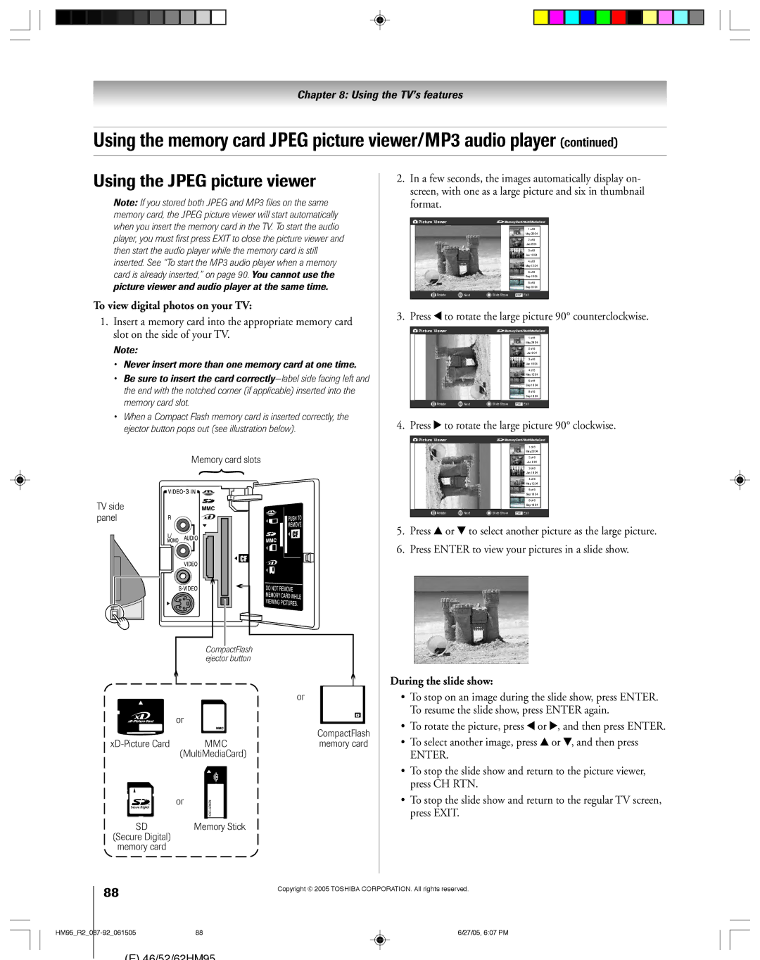 Toshiba 52HM95, 62HM95 owner manual Using the Jpeg picture viewer, To view digital photos on your TV, During the slide show 