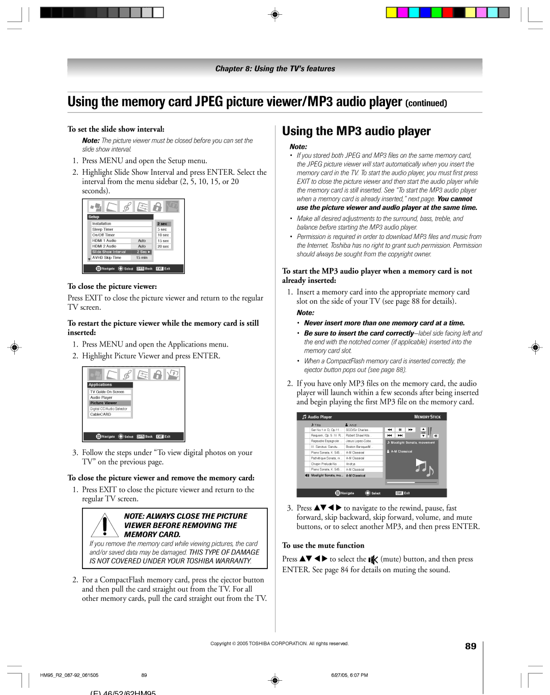 Toshiba 62HM95, 52HM95 owner manual Using the MP3 audio player, To set the slide show interval, To close the picture viewer 