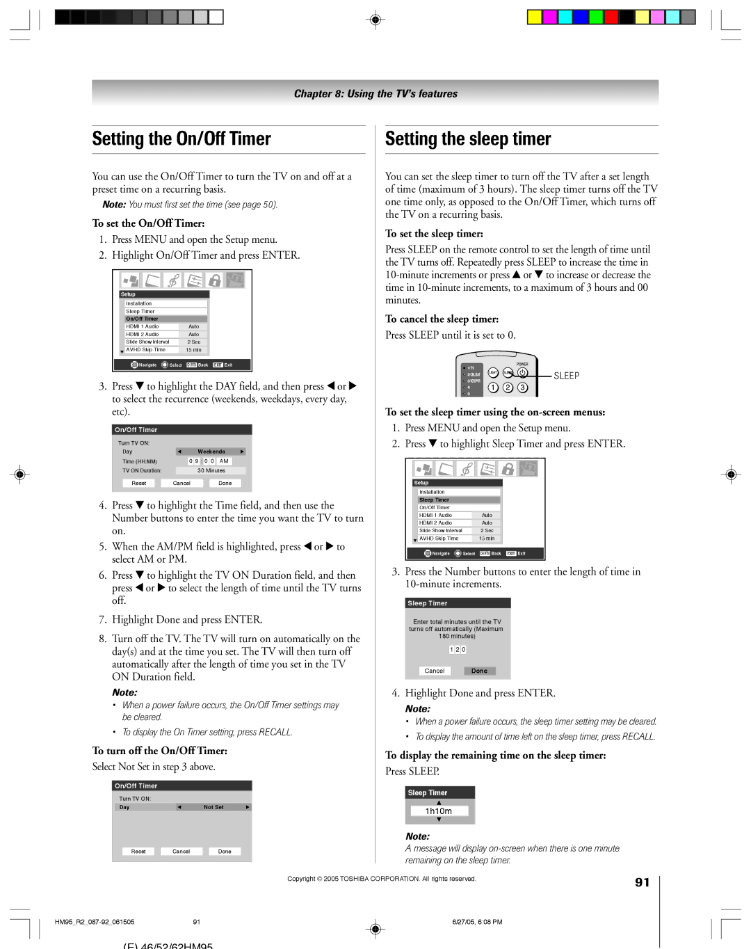 Toshiba 62HM95, 52HM95 Setting the On/Off Timer Setting the sleep timer, To set the sleep timer, To cancel the sleep timer 