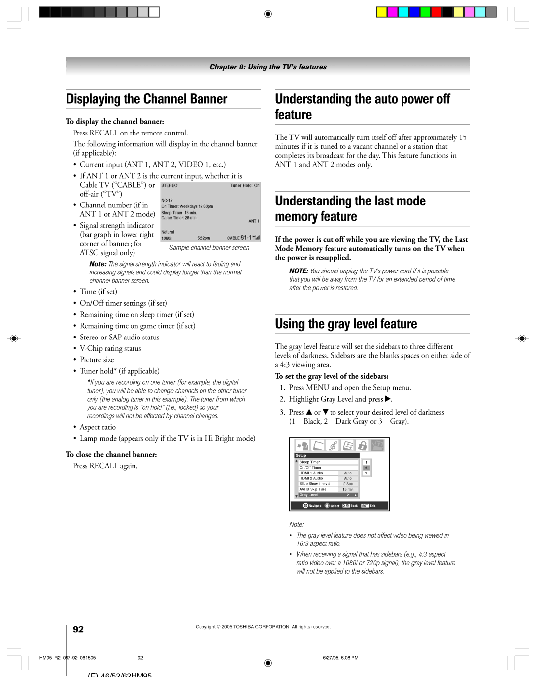 Toshiba 52HM95 Displaying the Channel Banner, Understanding the auto power off feature, Using the gray level feature 