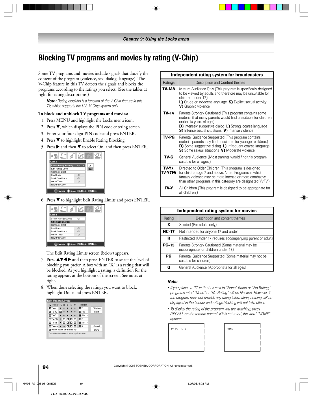 Toshiba 52HM95, 62HM95 Blocking TV programs and movies by rating V-Chip, To block and unblock TV programs and movies 