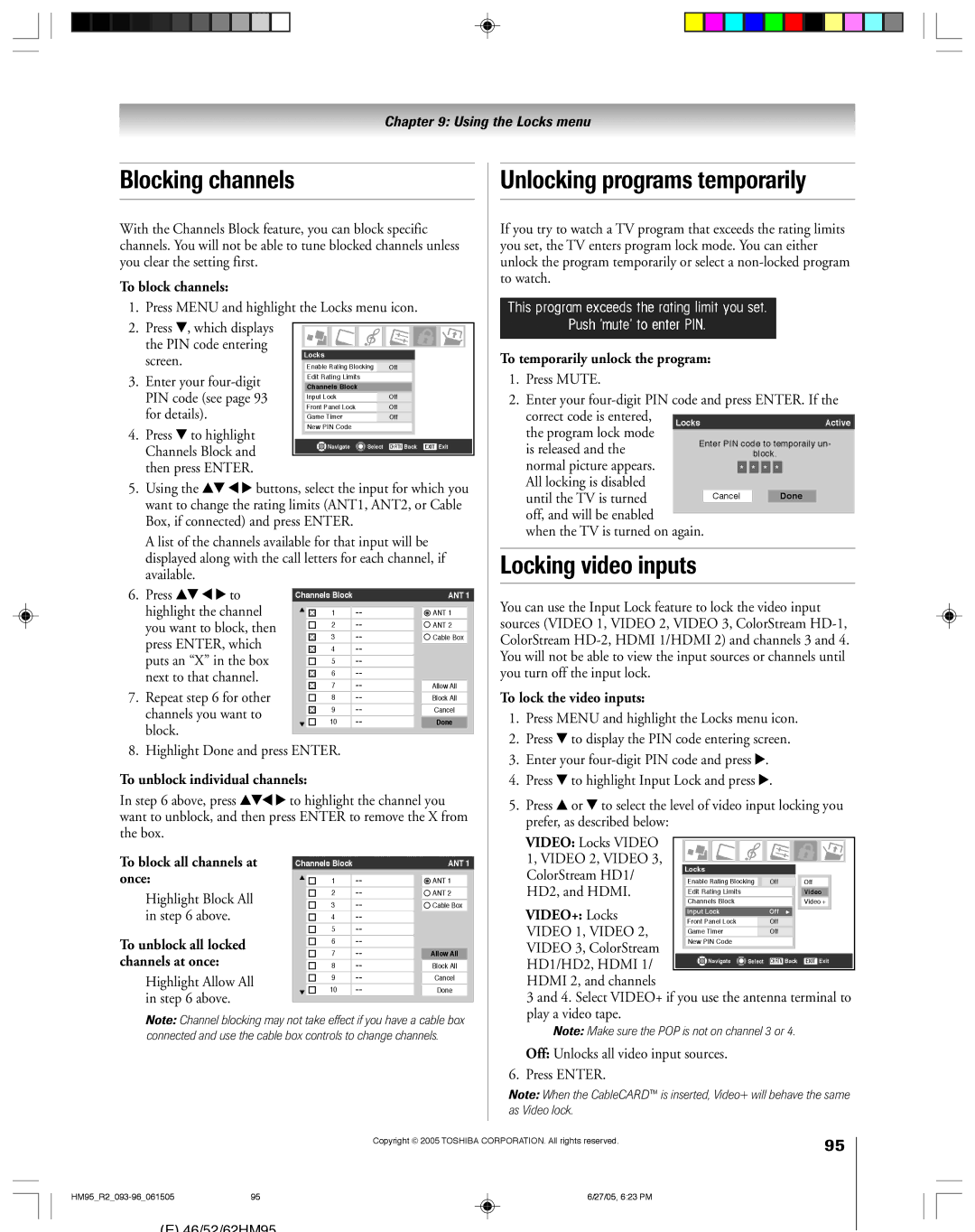 Toshiba 62HM95, 52HM95 owner manual Blocking channels, Unlocking programs temporarily, Locking video inputs 