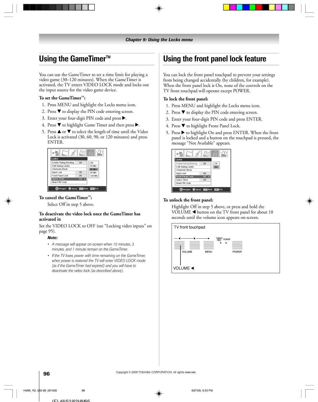 Toshiba 52HM95, 62HM95 owner manual Using the GameTimer, Using the front panel lock feature 