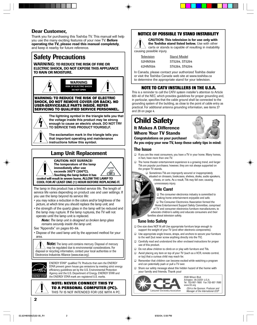 Toshiba 52HMX84, 62HMX84 owner manual Lamp Unit Replacement, Dear Customer 