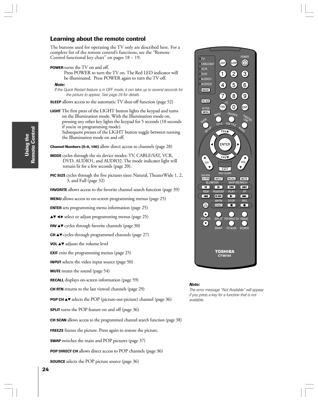 Toshiba 52HMX84, 62HMX84 owner manual Learning about the remote control 