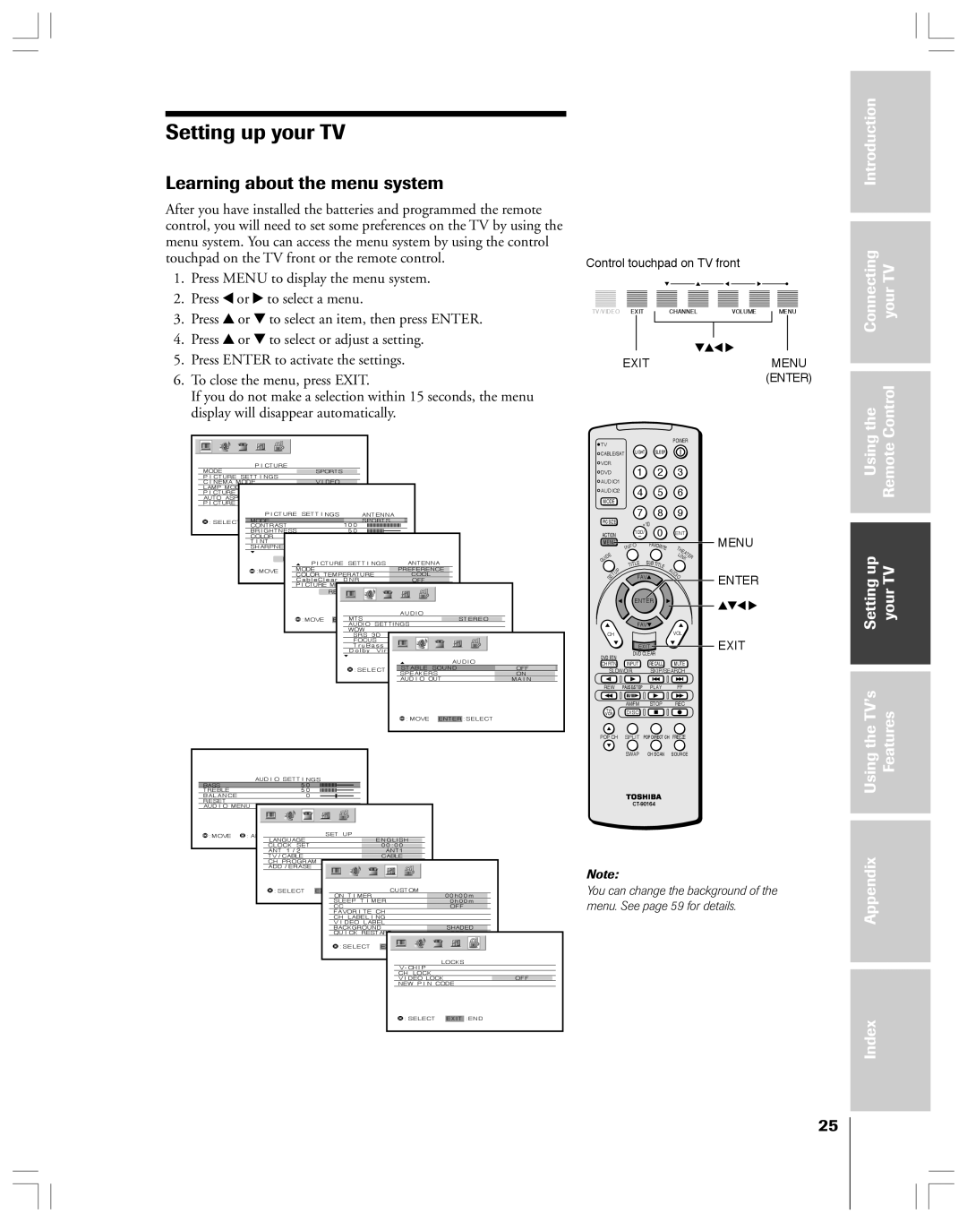 Toshiba 62HMX84 Setting up your TV, Learning about the menu system, Introduction Connecting YourTV Usingthe RemoteControl 