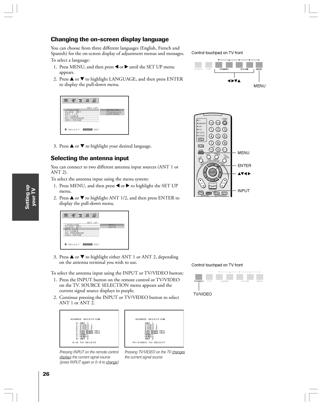 Toshiba 52HMX84, 62HMX84 owner manual Changing the on-screen display language, Selecting the antenna input 