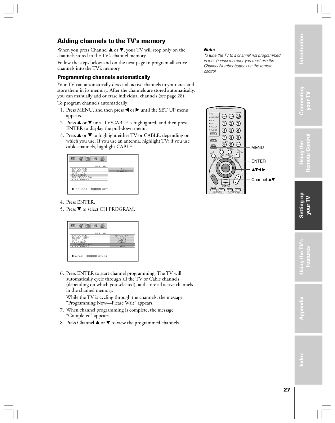 Toshiba 62HMX84 Adding channels to the TV’s memory, Programming channels automatically, Introduction Connecting YourTV 