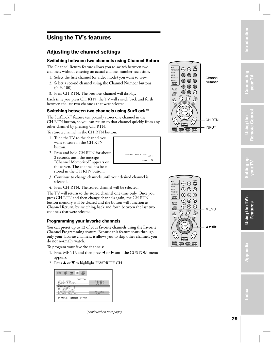 Toshiba 62HMX84 Using the TV’s features, Adjusting the channel settings, Introduction Connecting YourTV Usingthe Control 