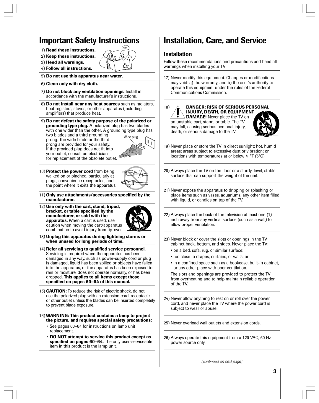 Toshiba 62HMX84, 52HMX84 owner manual Important Safety Instructions, Installation 