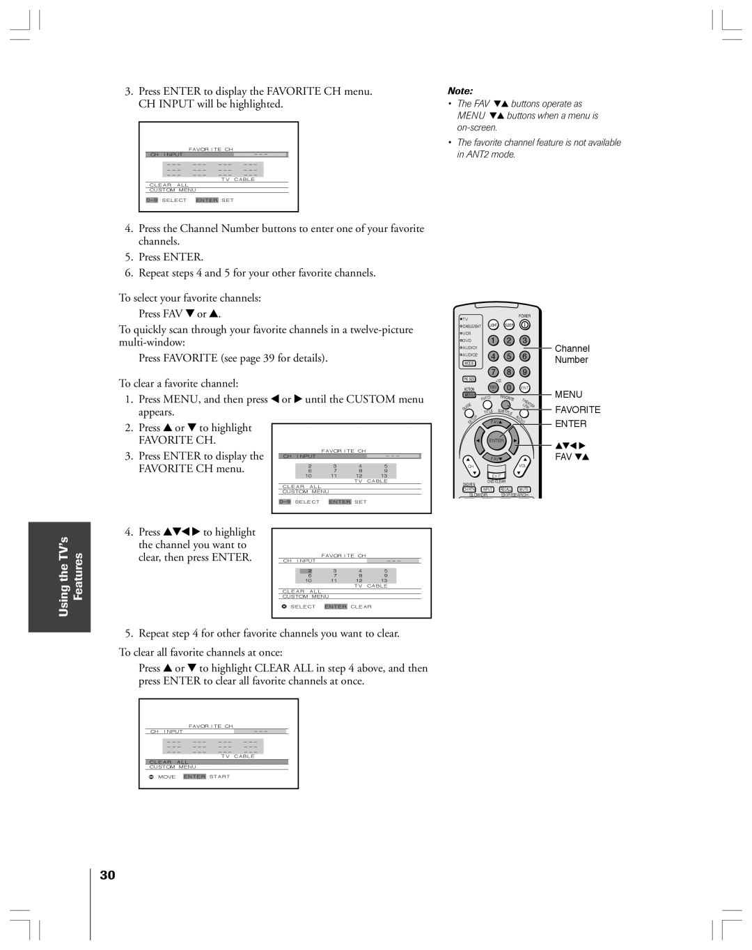 Toshiba 52HMX84, 62HMX84 owner manual Using the TV’s Features, Press y or z to highlight, Favorite CH 