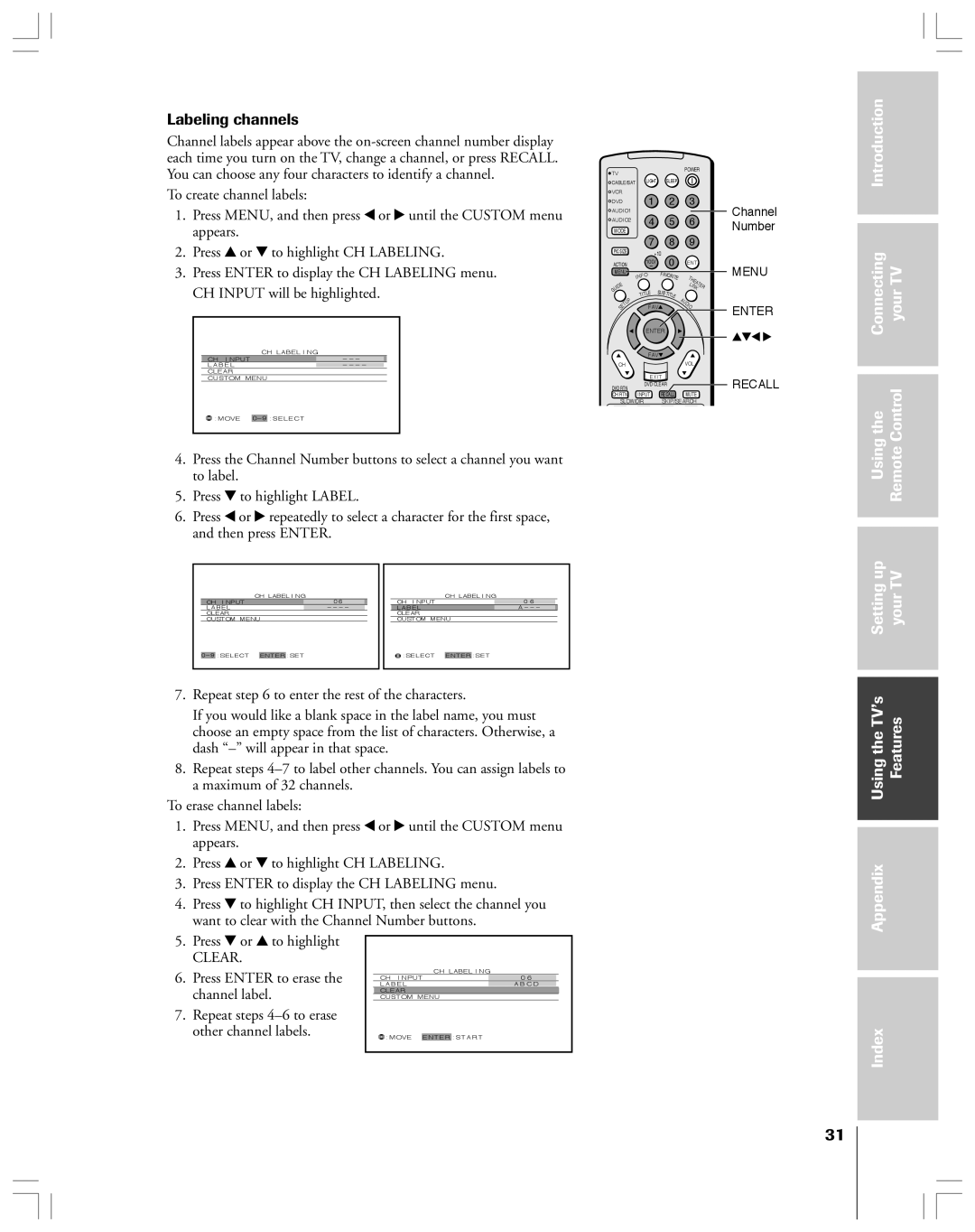 Toshiba 62HMX84, 52HMX84 owner manual Labeling channels, UsingtheTV’s Features Appendix, Press z or y to highlight, Clear 