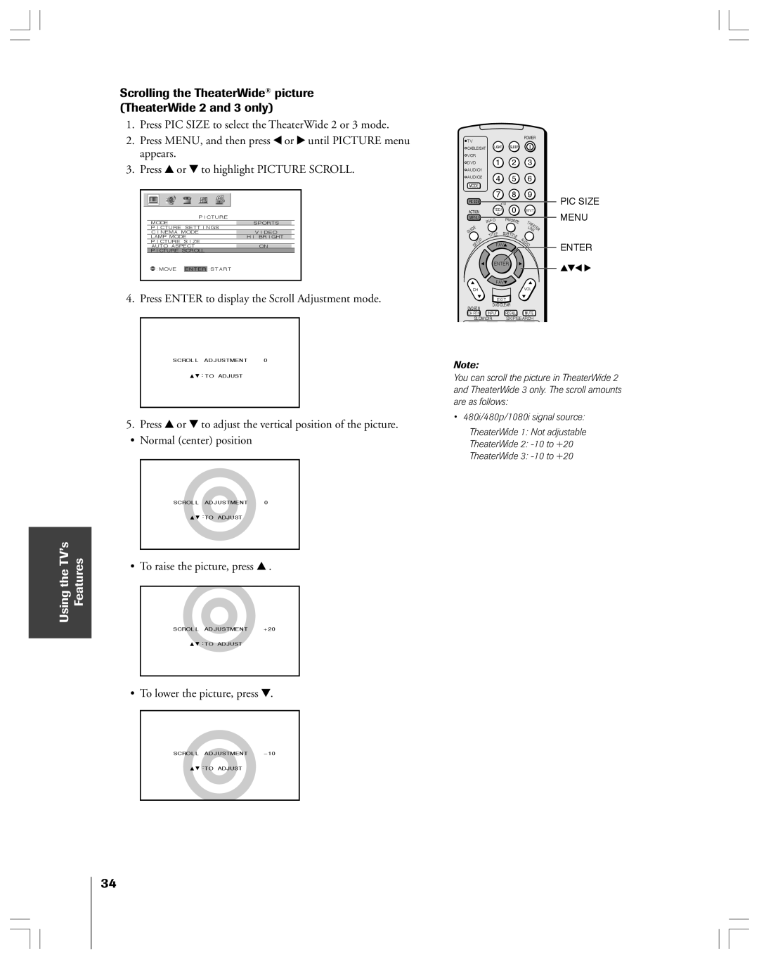 Toshiba 52HMX84, 62HMX84 Scrolling the TheaterWide picture TheaterWide 2 and 3 only, To raise the picture, press y 