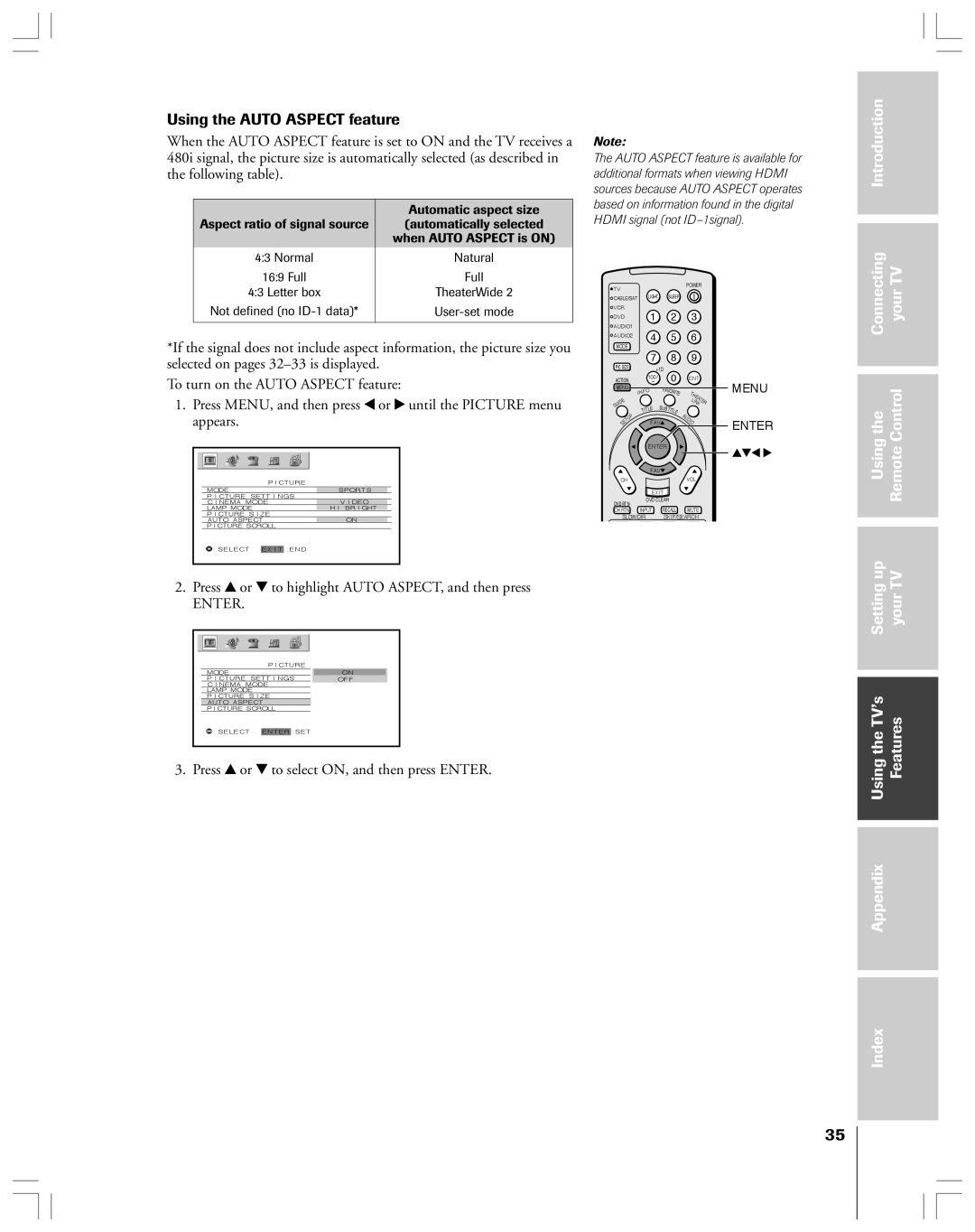 Toshiba 62HMX84, 52HMX84 owner manual Using the Auto Aspect feature, Usingthe RemoteControl Settingup YourTV 