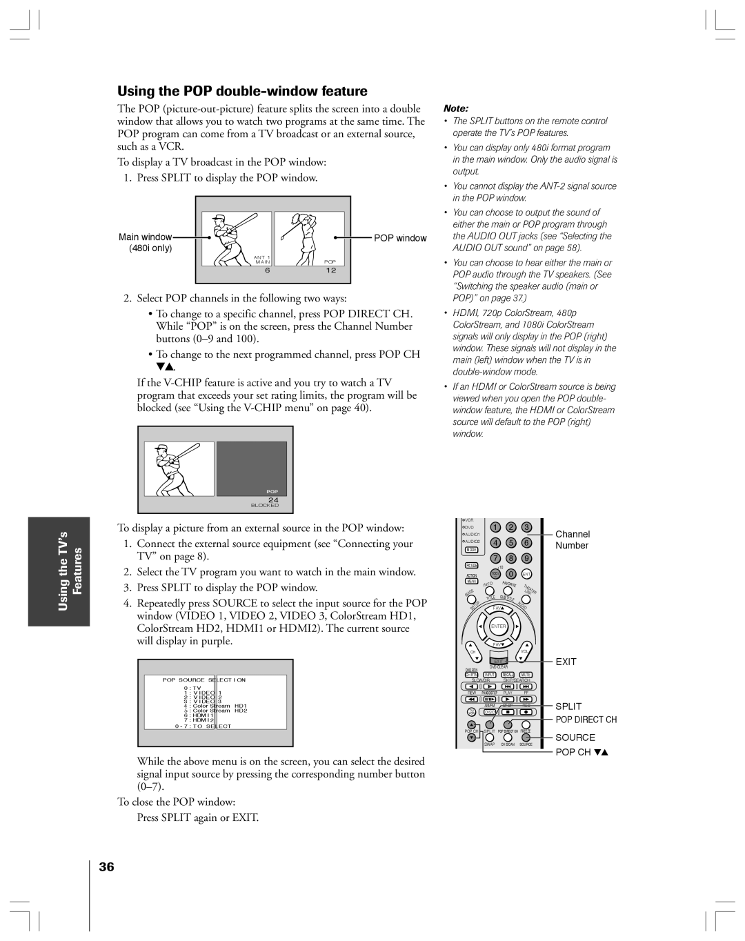 Toshiba 52HMX84, 62HMX84 owner manual Using the POP double-window feature, To close the POP window Press Split again or Exit 