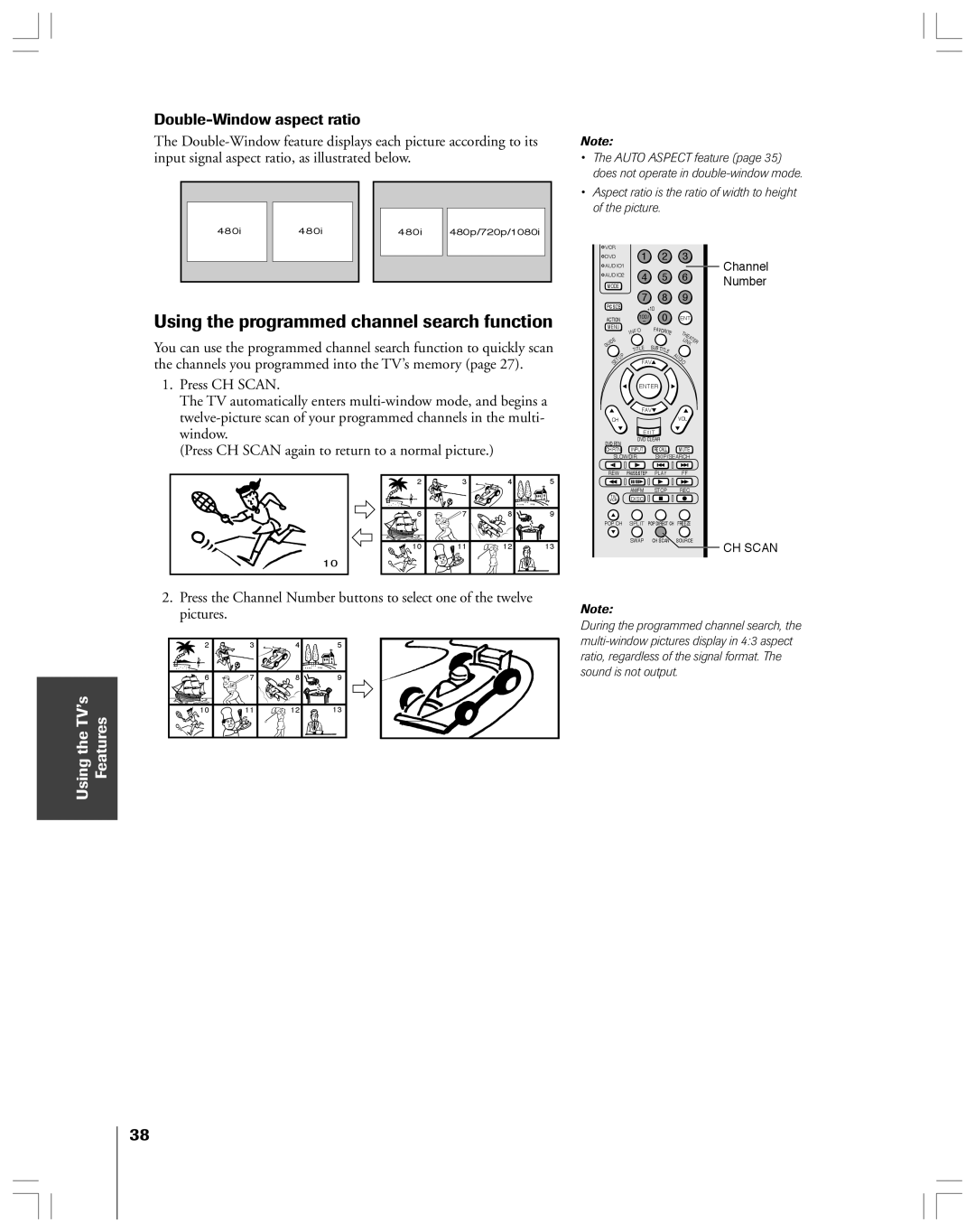 Toshiba 52HMX84, 62HMX84 owner manual Using the programmed channel search function, Double-Window aspect ratio 