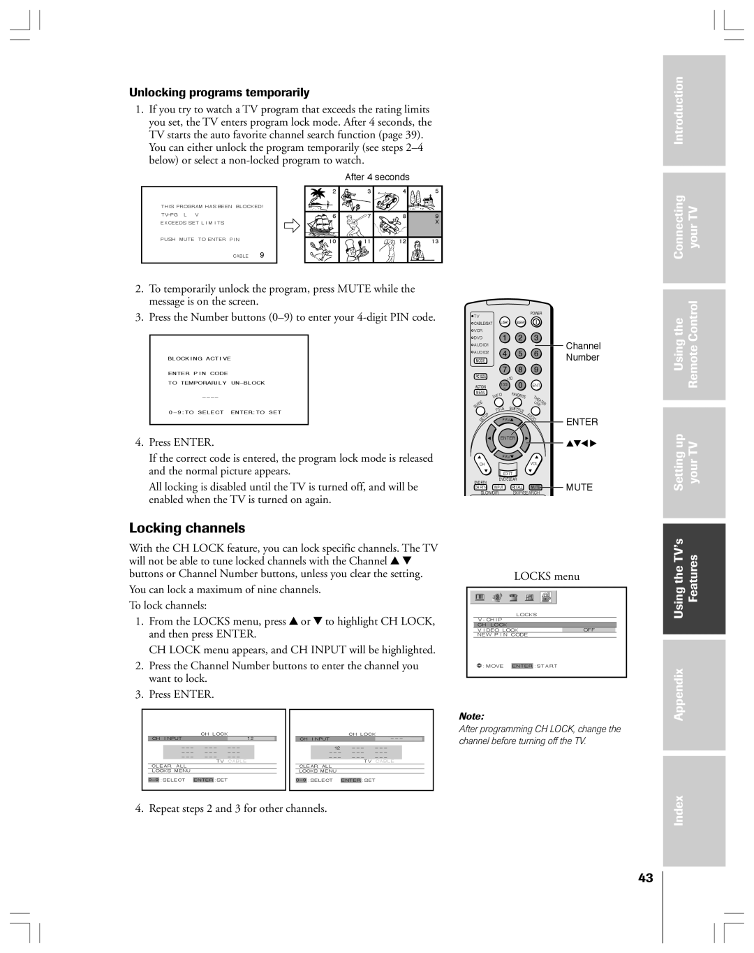 Toshiba 62HMX84, 52HMX84 Locking channels, Unlocking programs temporarily, Repeat steps 2 and 3 for other channels 