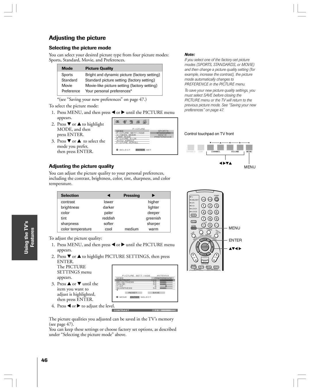 Toshiba 52HMX84, 62HMX84 owner manual Selecting the picture mode, Adjusting the picture quality 