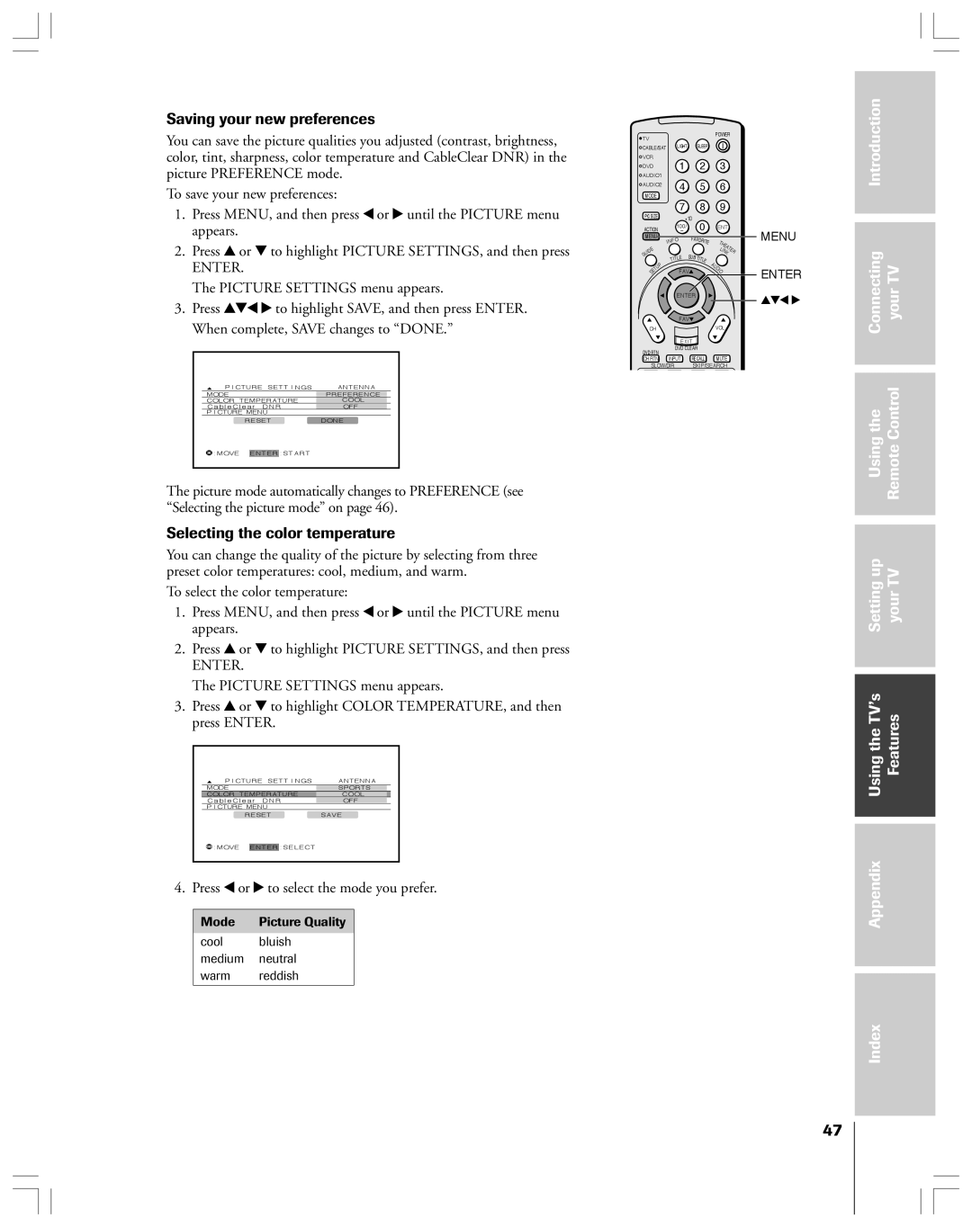 Toshiba 62HMX84 Saving your new preferences, Selecting the color temperature, Press x or to select the mode you prefer 