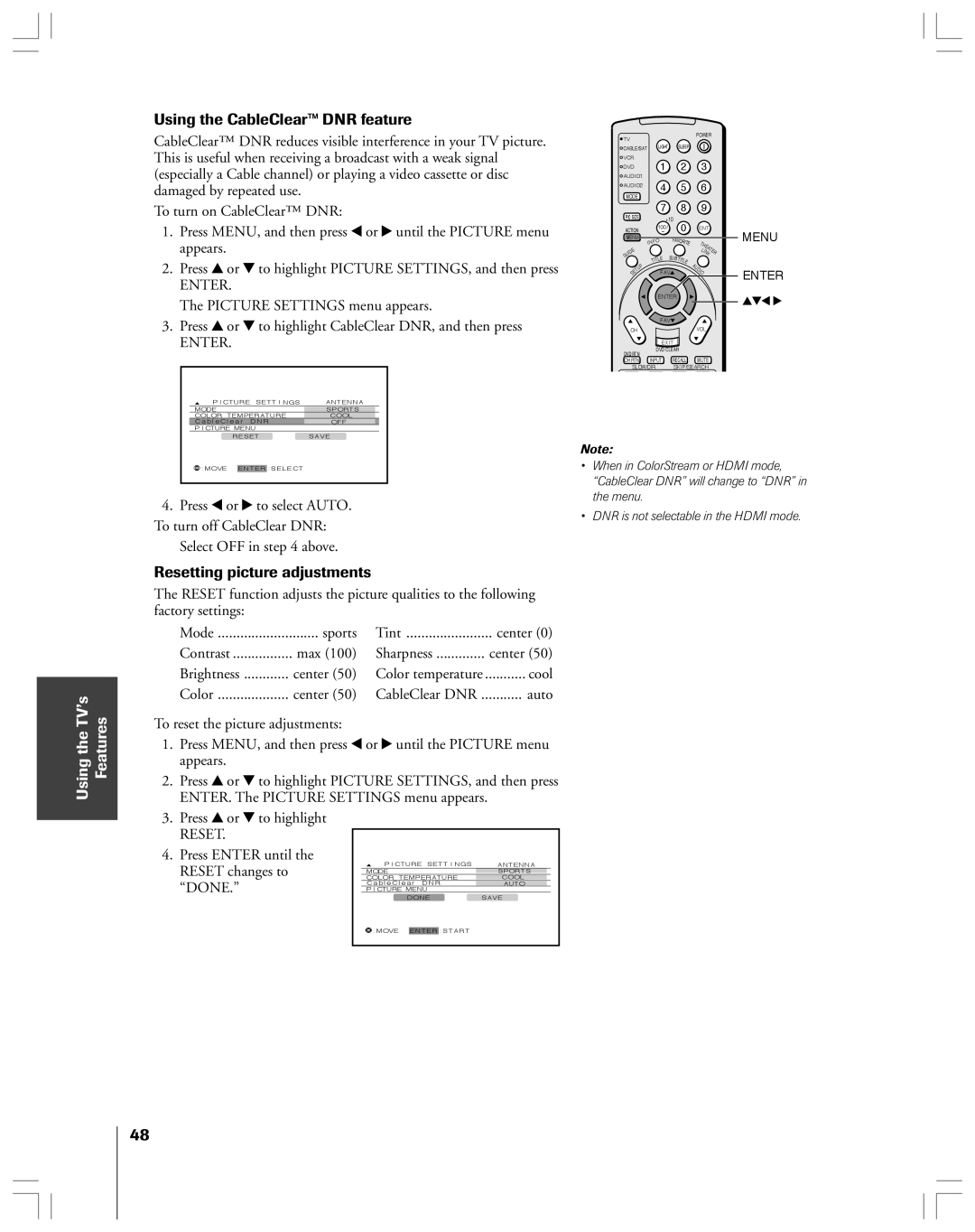 Toshiba 52HMX84, 62HMX84 owner manual Using the CableClear DNR feature, Resetting picture adjustments, Done 