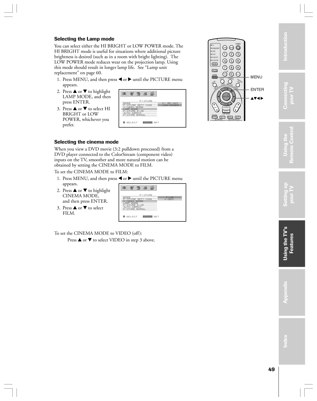 Toshiba 62HMX84, 52HMX84 Selecting the Lamp mode, Connecting YourTV Control, Selecting the cinema mode, Cinema Mode, Film 