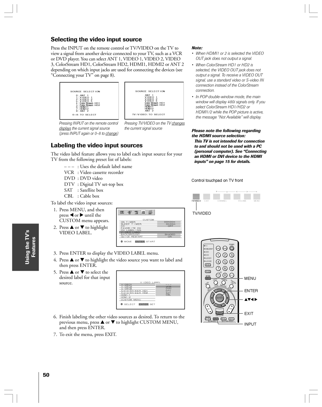 Toshiba 52HMX84, 62HMX84 owner manual Selecting the video input source 