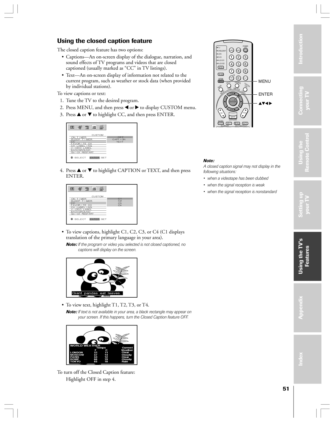 Toshiba 62HMX84, 52HMX84 Using the closed caption feature, Press y or z to highlight Caption or TEXT, and then press 