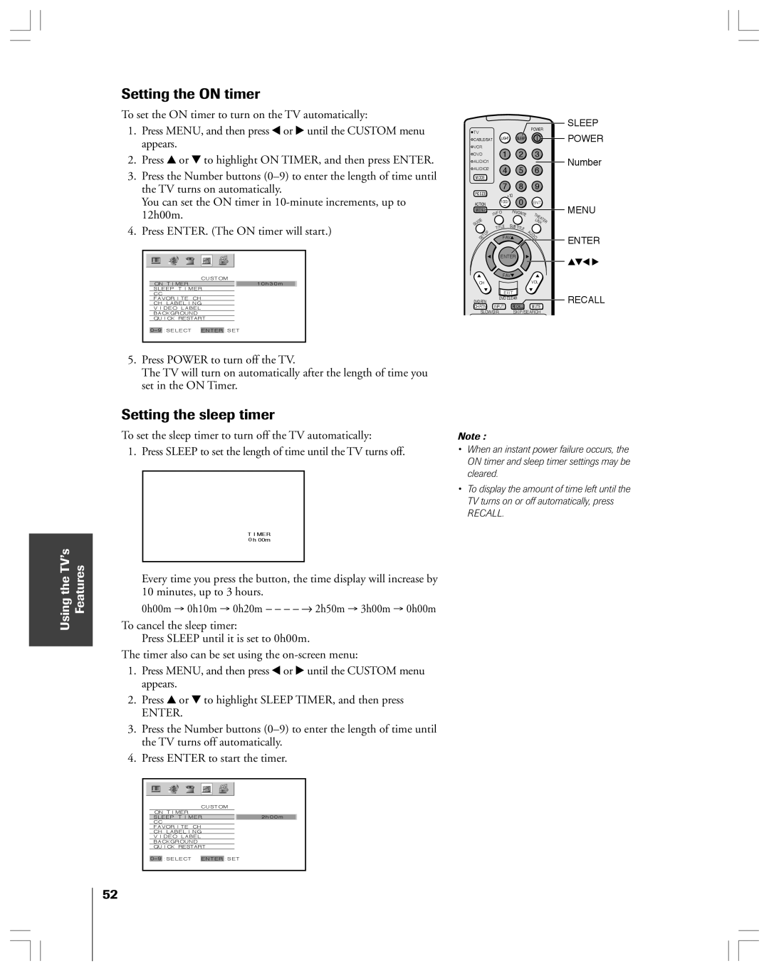 Toshiba 52HMX84, 62HMX84 owner manual Setting the on timer, Setting the sleep timer 