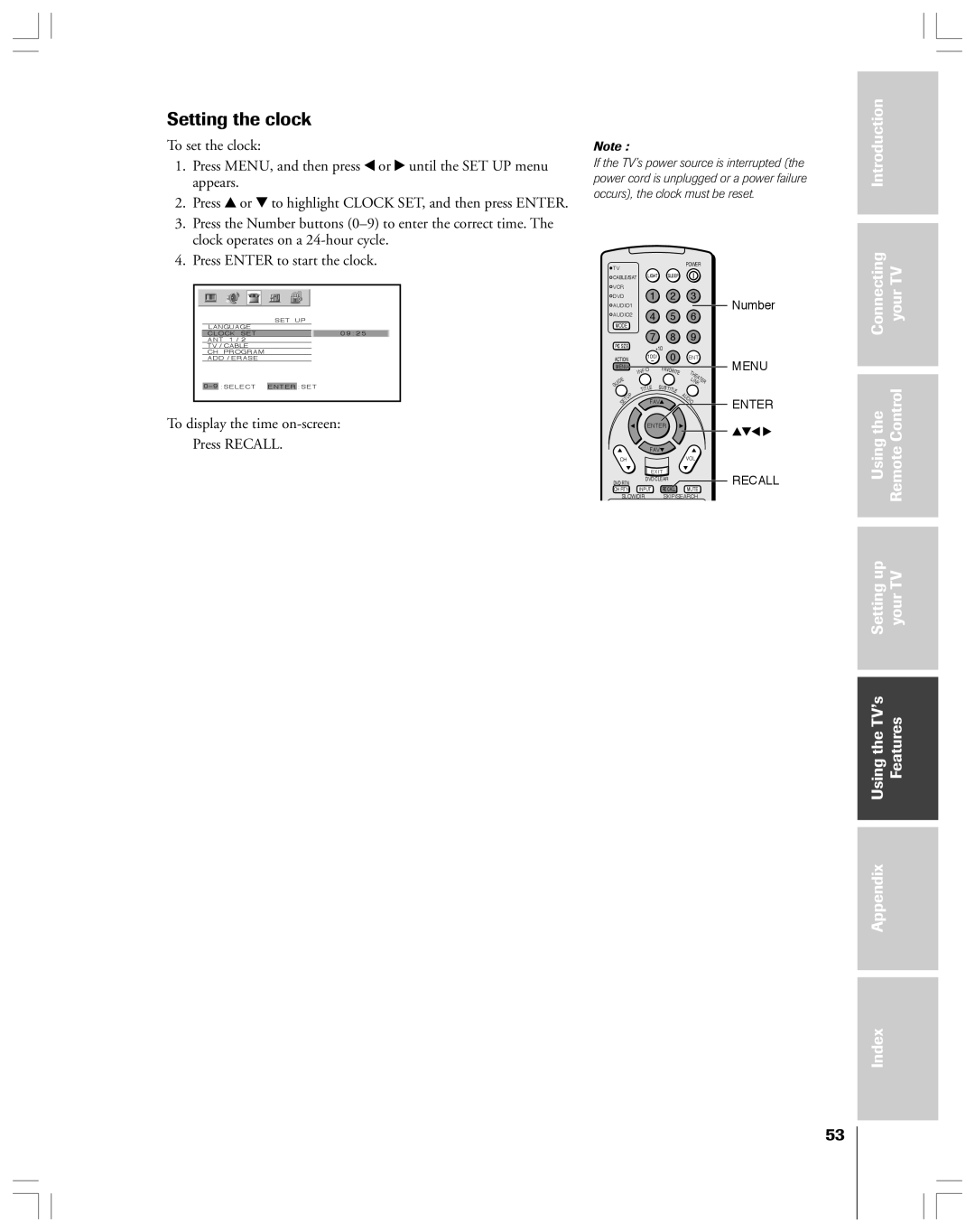 Toshiba 62HMX84, 52HMX84 owner manual To display the time on-screen Press Recall 