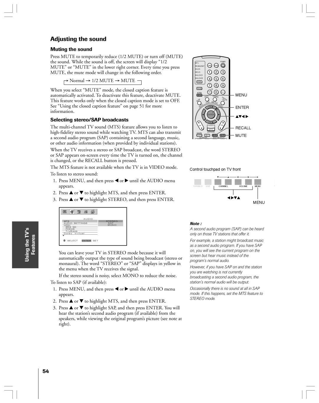 Toshiba 52HMX84, 62HMX84 owner manual Adjusting the sound, Muting the sound, Selecting stereo/SAP broadcasts 